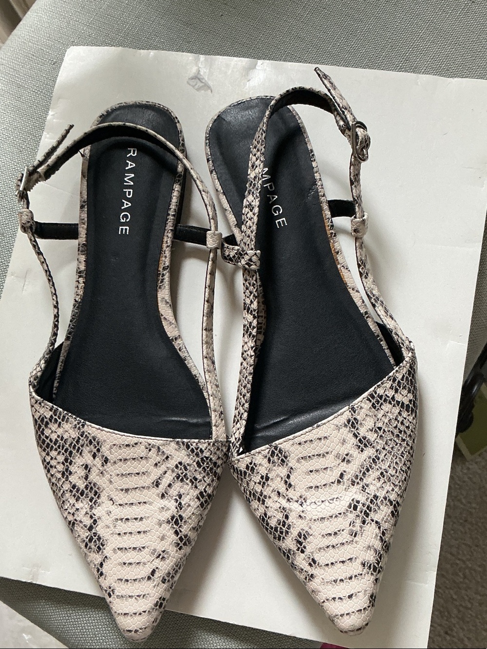 Rampage Beige and Black Snake-Print Pointed Slingback Flats